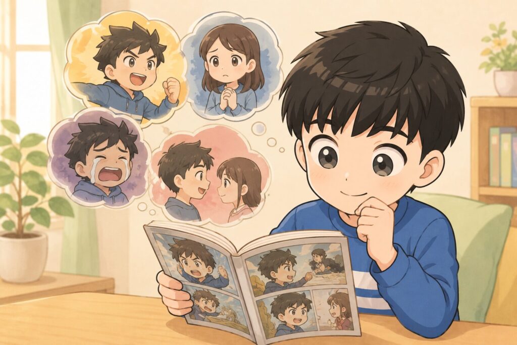 RPGに思いを馳せる子どものイラスト