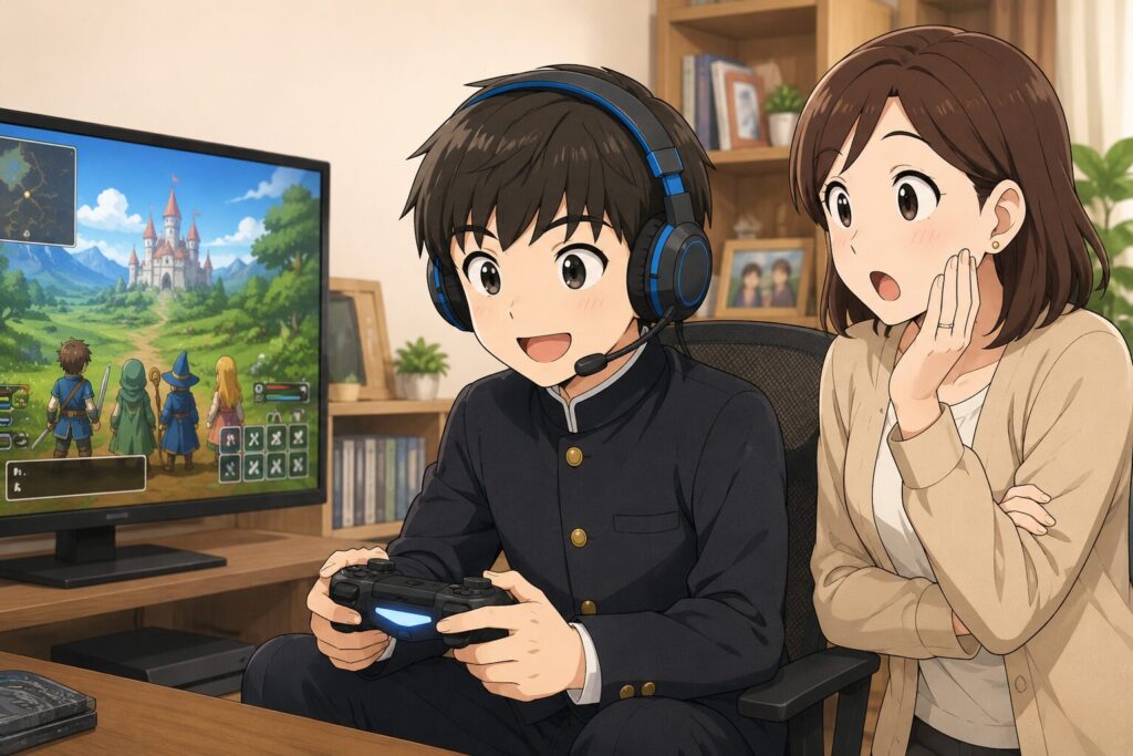 RPGゲームをする中学生と隣で驚く保護者