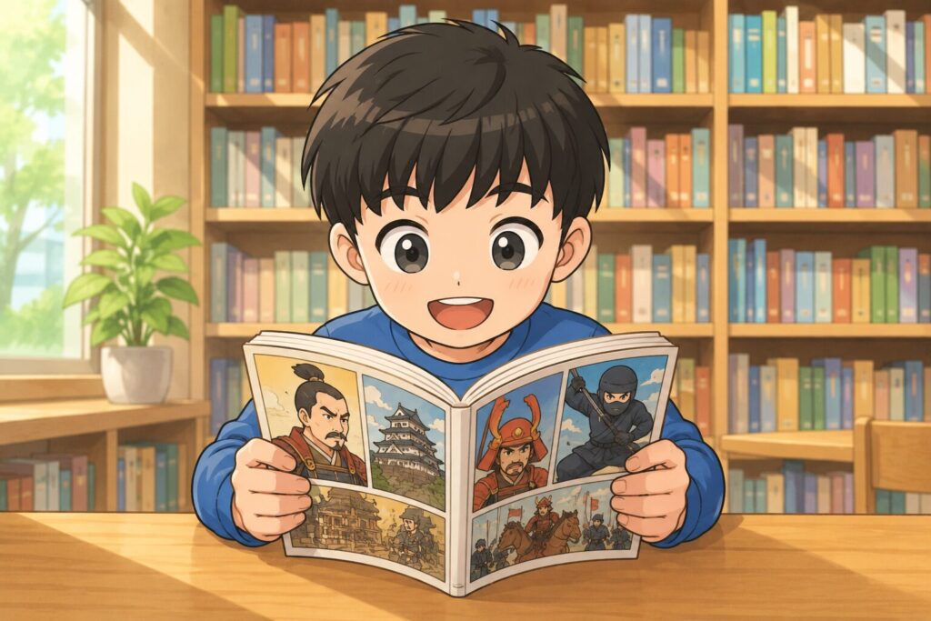歴史まんがを読む子どものイラスト