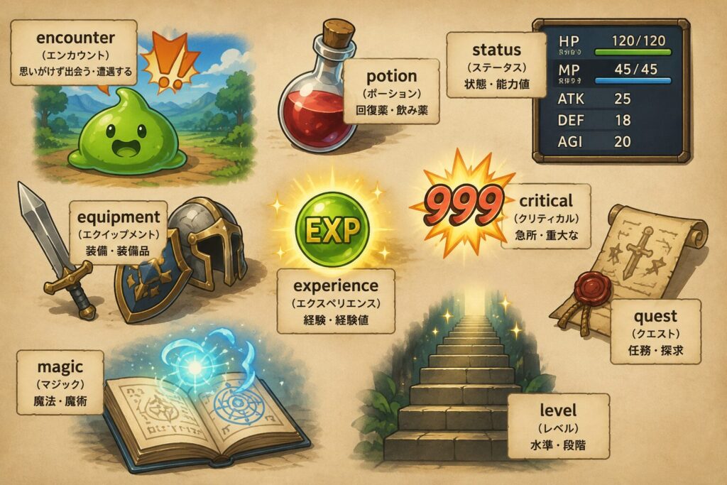 英単語ラベルのついたRPGアイテムのイラスト