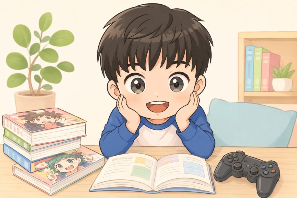 漫画やゲームに思いを馳せている子どものイラスト