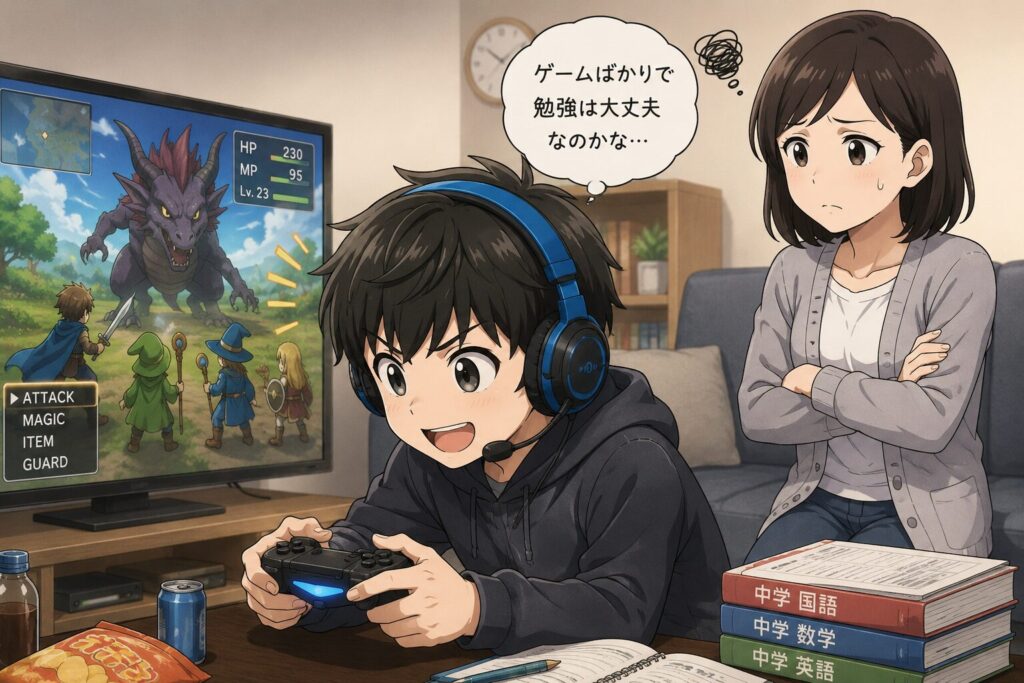 ゲームに没頭する子と困り顔の保護者
