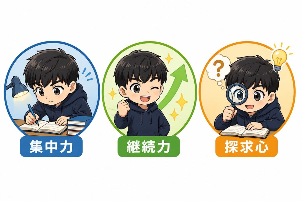 集中力・継続力・探求心の3アイコン