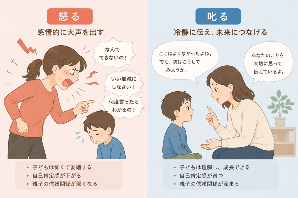 感情的に怒る様子と、落ち着いて話す様子を対比したイラスト