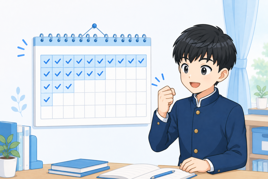 学習記録の連続日数がついたカレンダーと勉強を続ける子どものイラスト