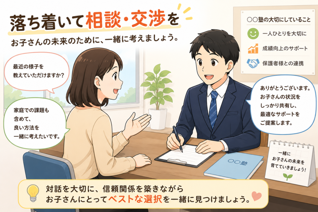 塾の先生と落ち着いて話す保護者のイラスト
