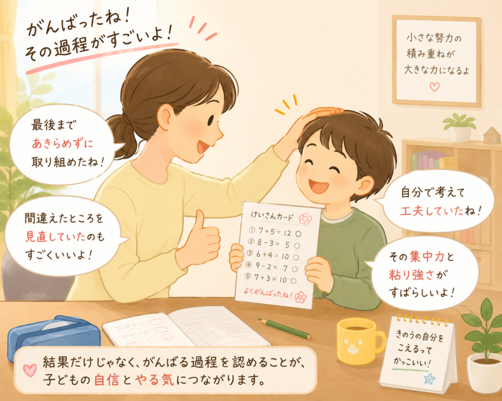 子どもの努力（プロセス）を笑顔で褒める親子のイラスト