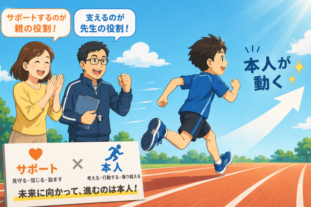 塾と親がサポート、実際に走る子ども本人のイラスト