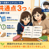 A hopeful flat illustration of a parent checking a child's notebook and finding the real cause, before-changing-cram-school concept, bright warm colors, no game characters.