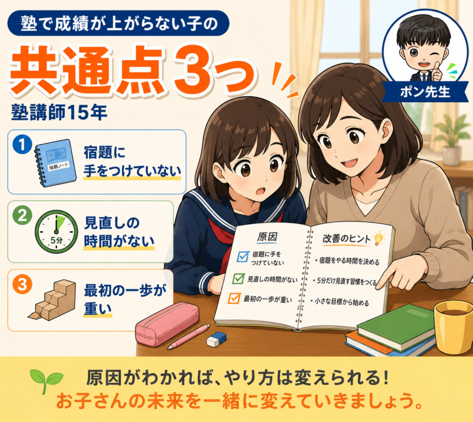 A hopeful flat illustration of a parent checking a child's notebook and finding the real cause, before-changing-cram-school concept, bright warm colors, no game characters.