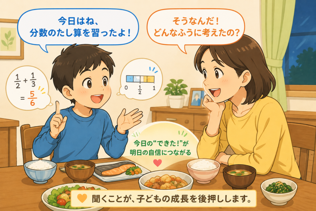 食卓で「今日何習った?」と話す親子のイラスト