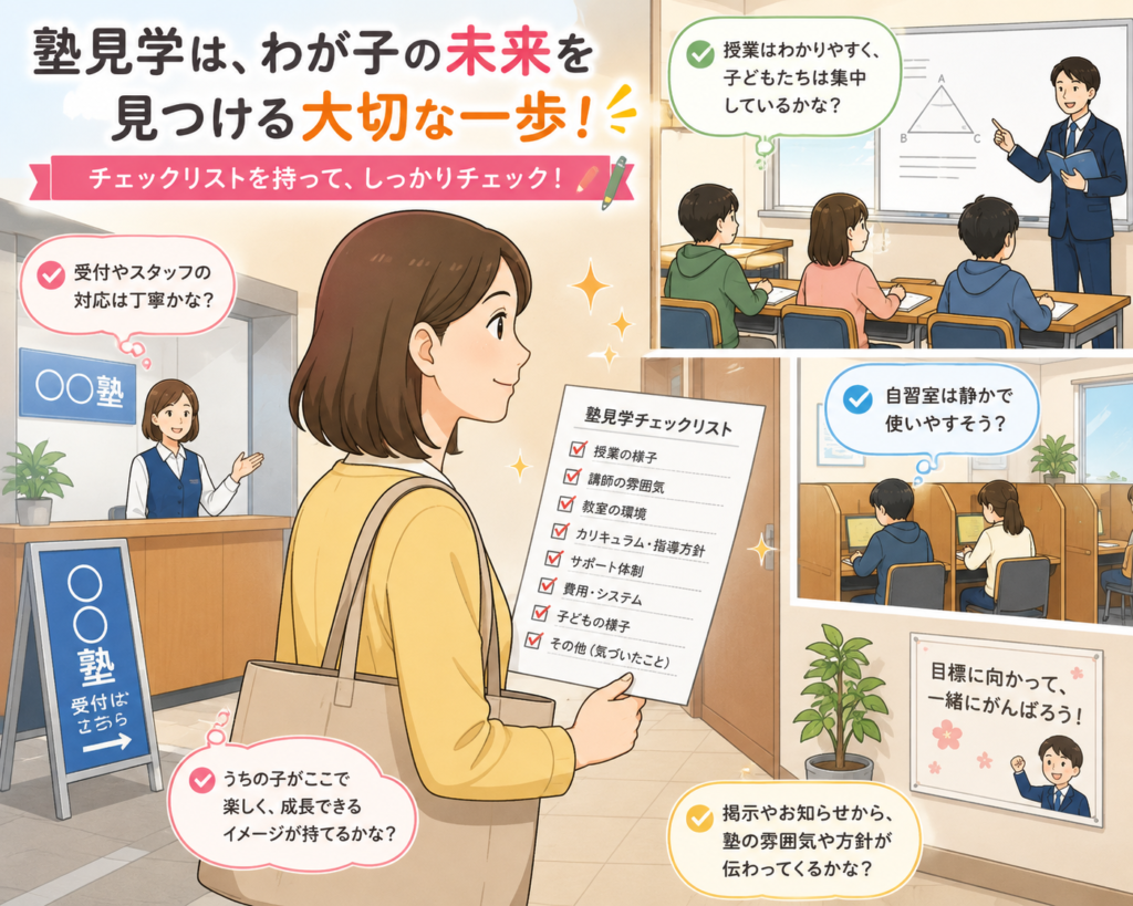チェックリストを持って塾を見学する保護者のイラスト