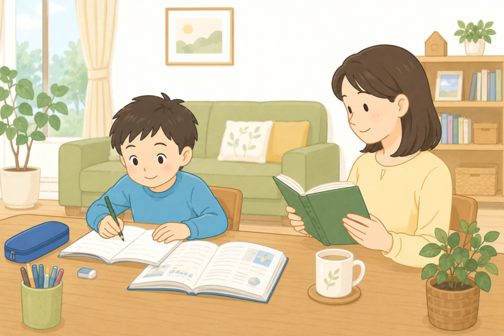 リビングで勉強する子と、隣で本を読む親のイラスト