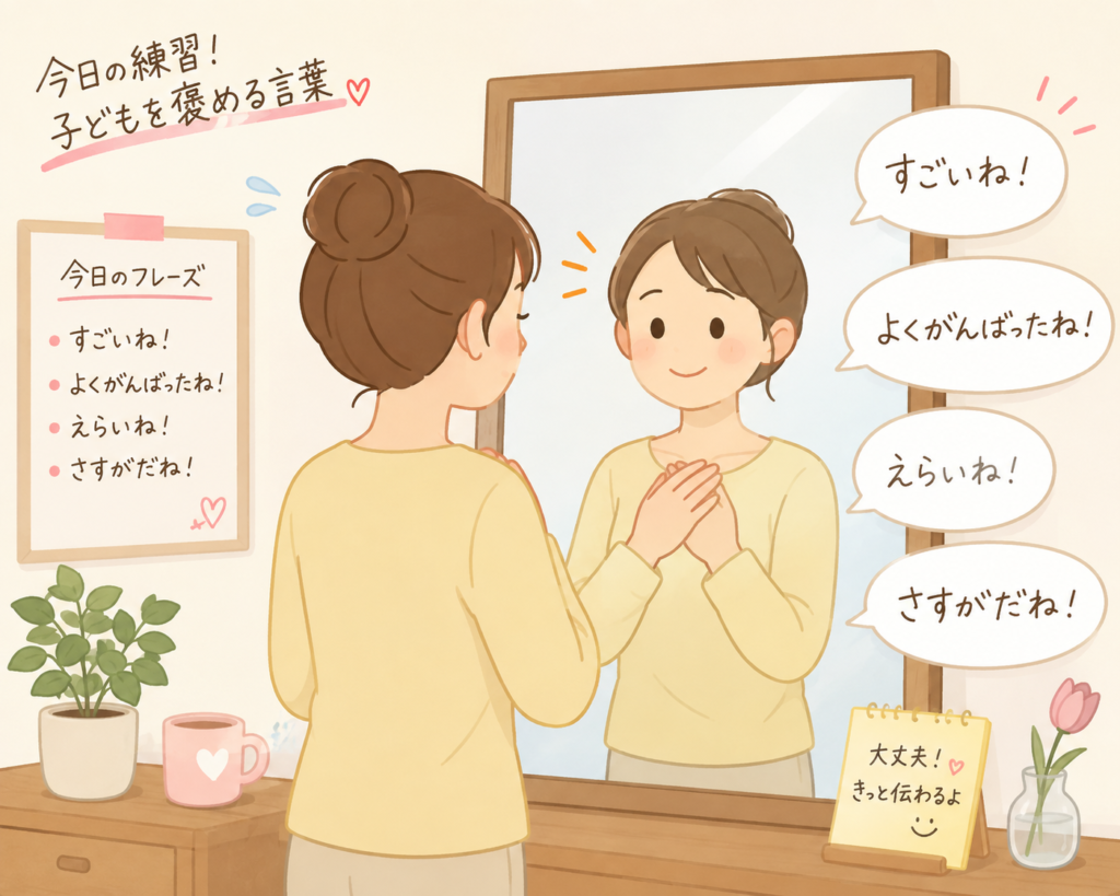 鏡の前で褒め言葉を練習する保護者のイラスト