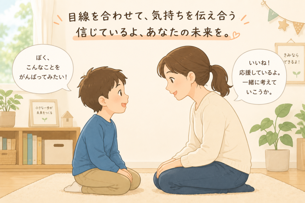 親子が目線を合わせて話しているイラスト
