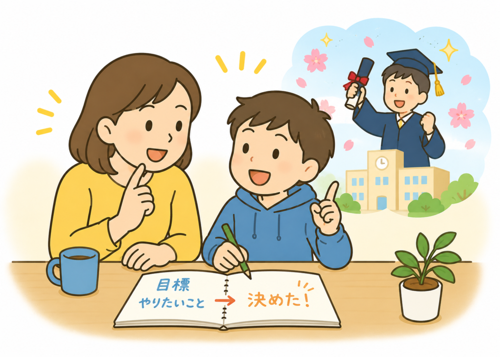 子どもと一緒に話し合って決める親子のイラスト（卒業のイメージ）