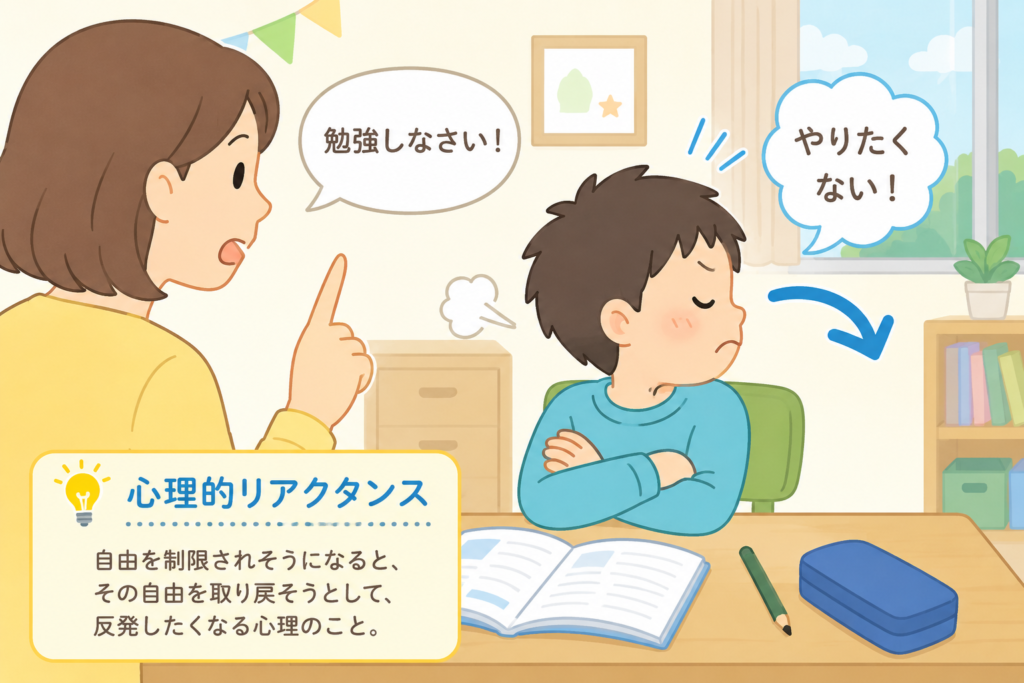 「勉強しなさい」と言われて反発する子どものイラスト