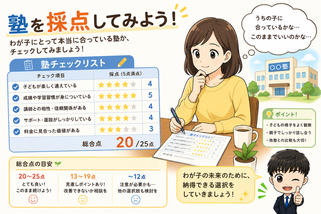 チェックリストで今の塾を採点する保護者のイラスト