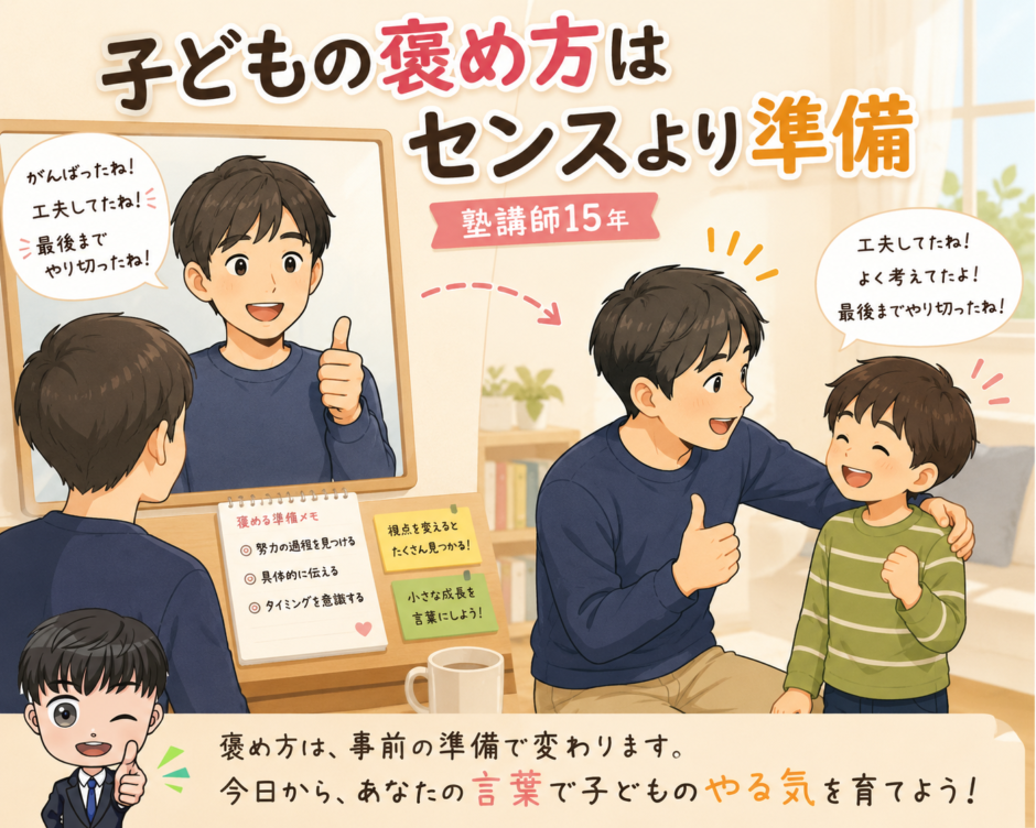 A hopeful flat illustration of a parent practicing praise in front of a mirror and connecting with their child, warm bright colors, no game characters.