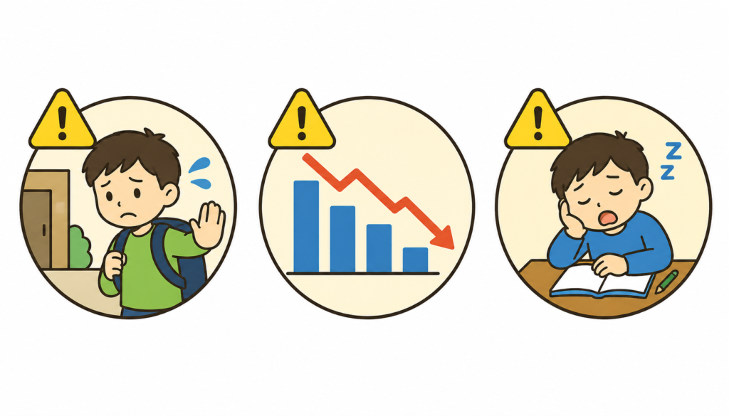 嫌がる・成績低下・眠気の3サインを表すイラスト