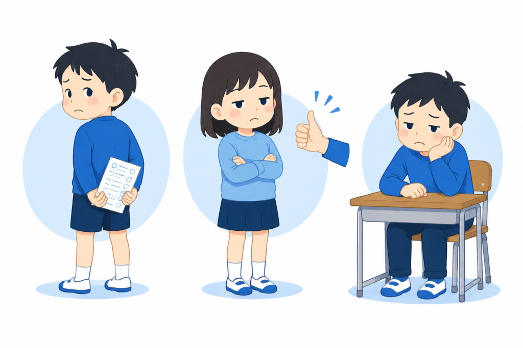 嘘・褒め・やる気の3タイプの子どもを表したイラスト