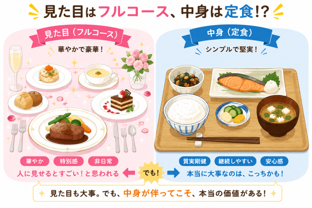 豪華なフルコースと、素朴な定食を並べたイラスト