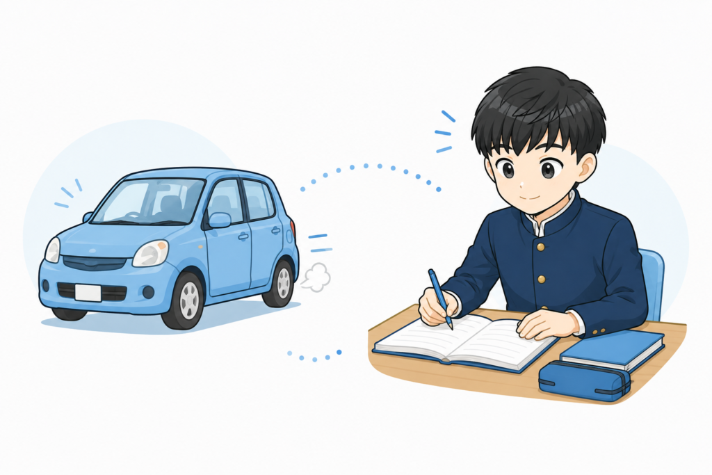 エンジンの暖機運転にたとえて勉強の始め方を説明するイラスト