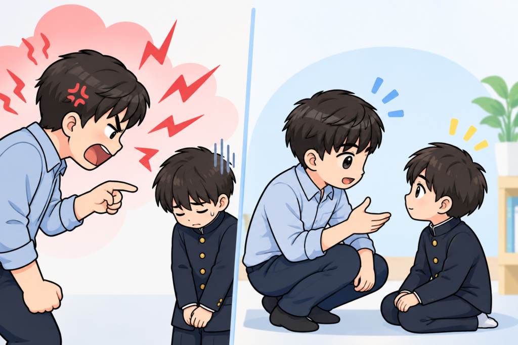 感情的に怒る親と落ち着いて叱る親を対比したイラスト