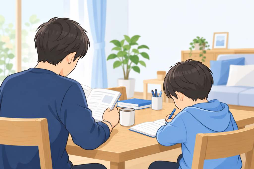 子どもの隣で本を読む親の背中のイラスト