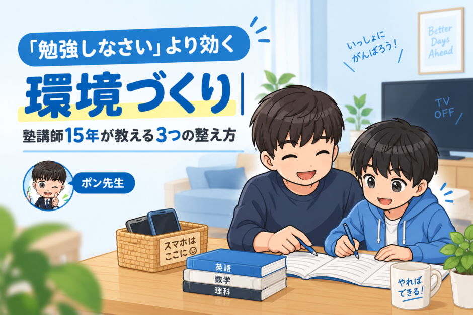 テレビを消したリビングで親子が並んで勉強するイラスト