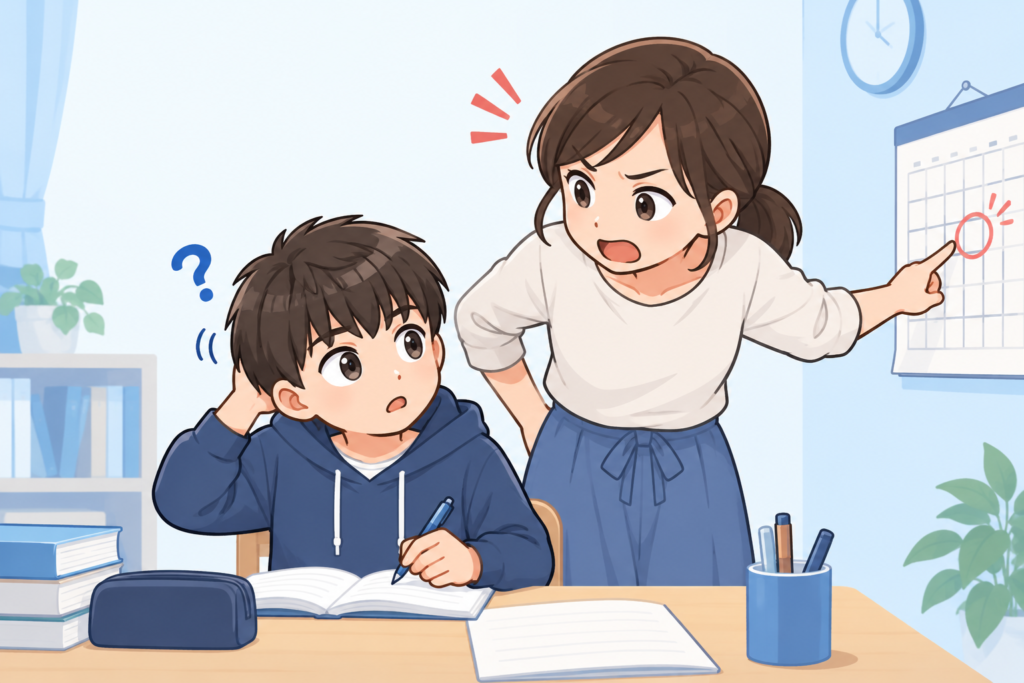 テスト前に子どもを叱ってしまう保護者のイラスト